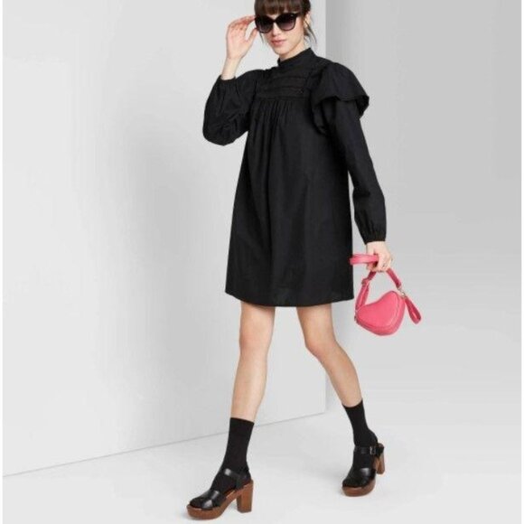 Wild Fable Women's Long Sleeve High Neck Poplin Dress Black Small - Picture 1 of 3